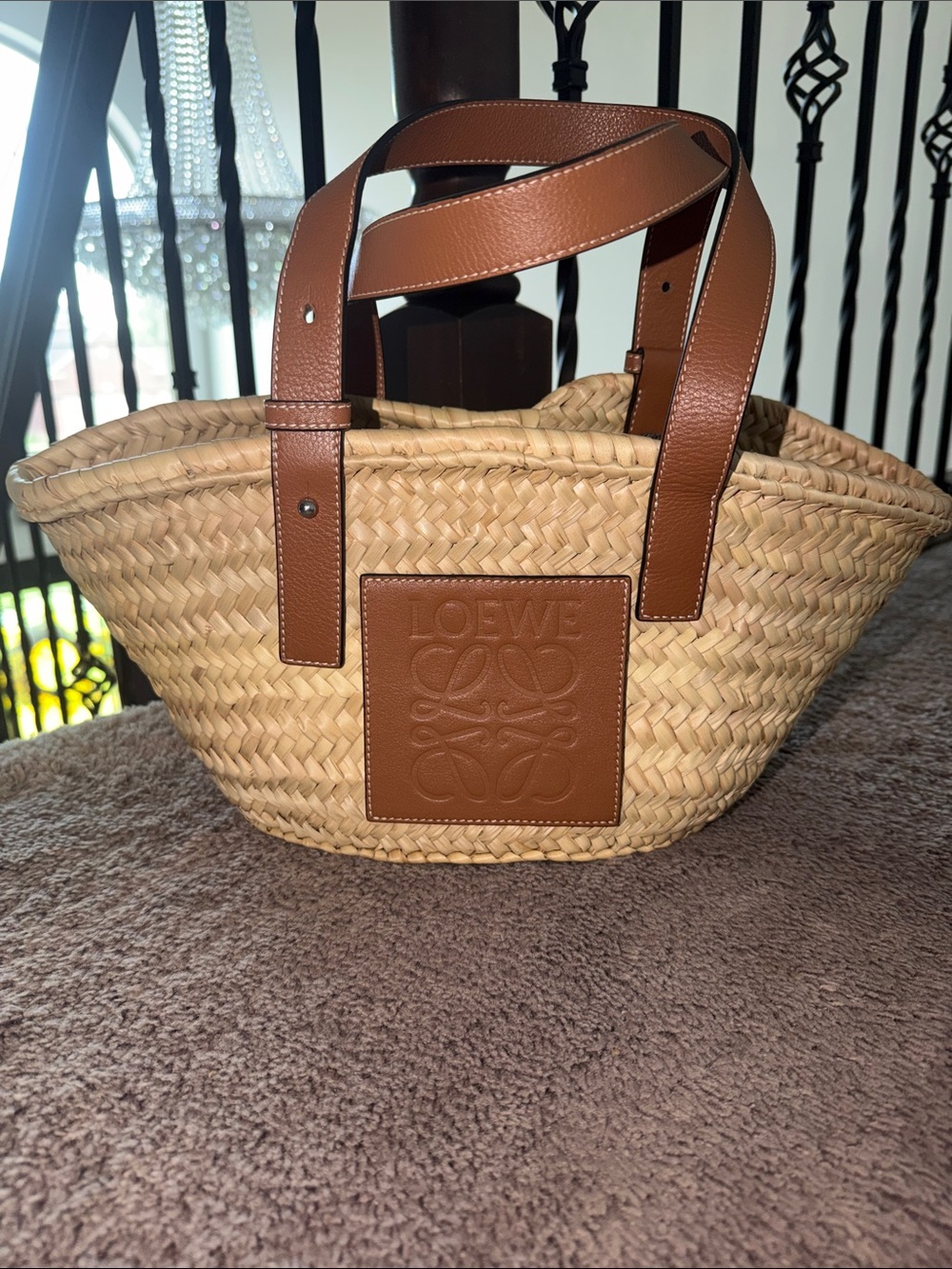 Loewe Natural Straw Tote with Brown Leather Trim